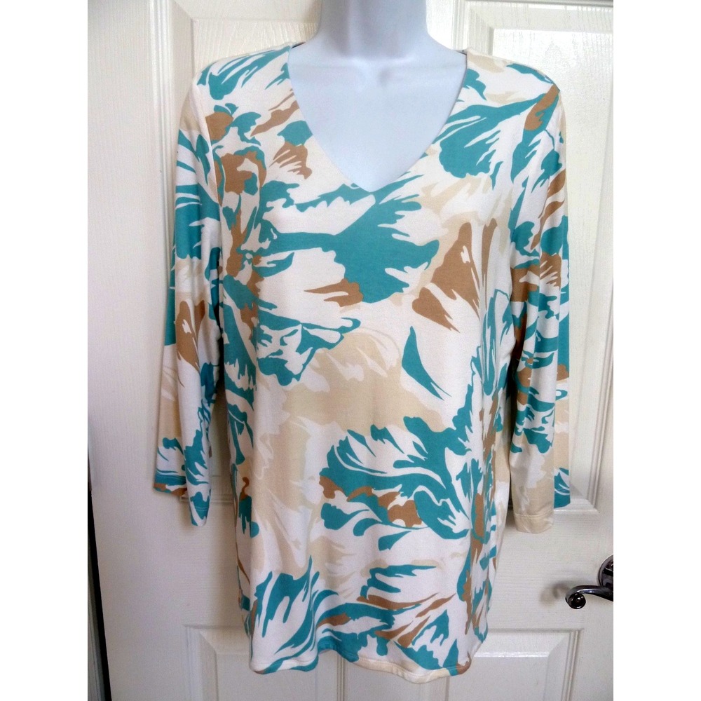 Chico's Size 1 Medium Abstract V-Neck 3/4 Sleeve Lined Front Pullover Top Teal
